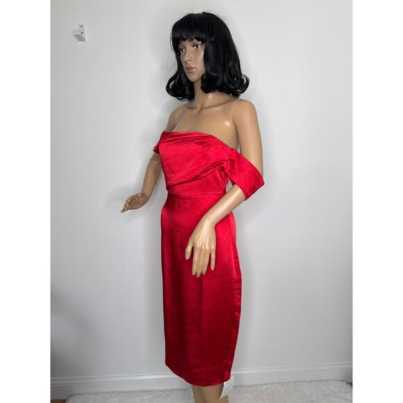 NWT Vesper London Red Off-Shoulder Drape Neck Bodycon Midi Dress Size XS - Picture 14 of 16